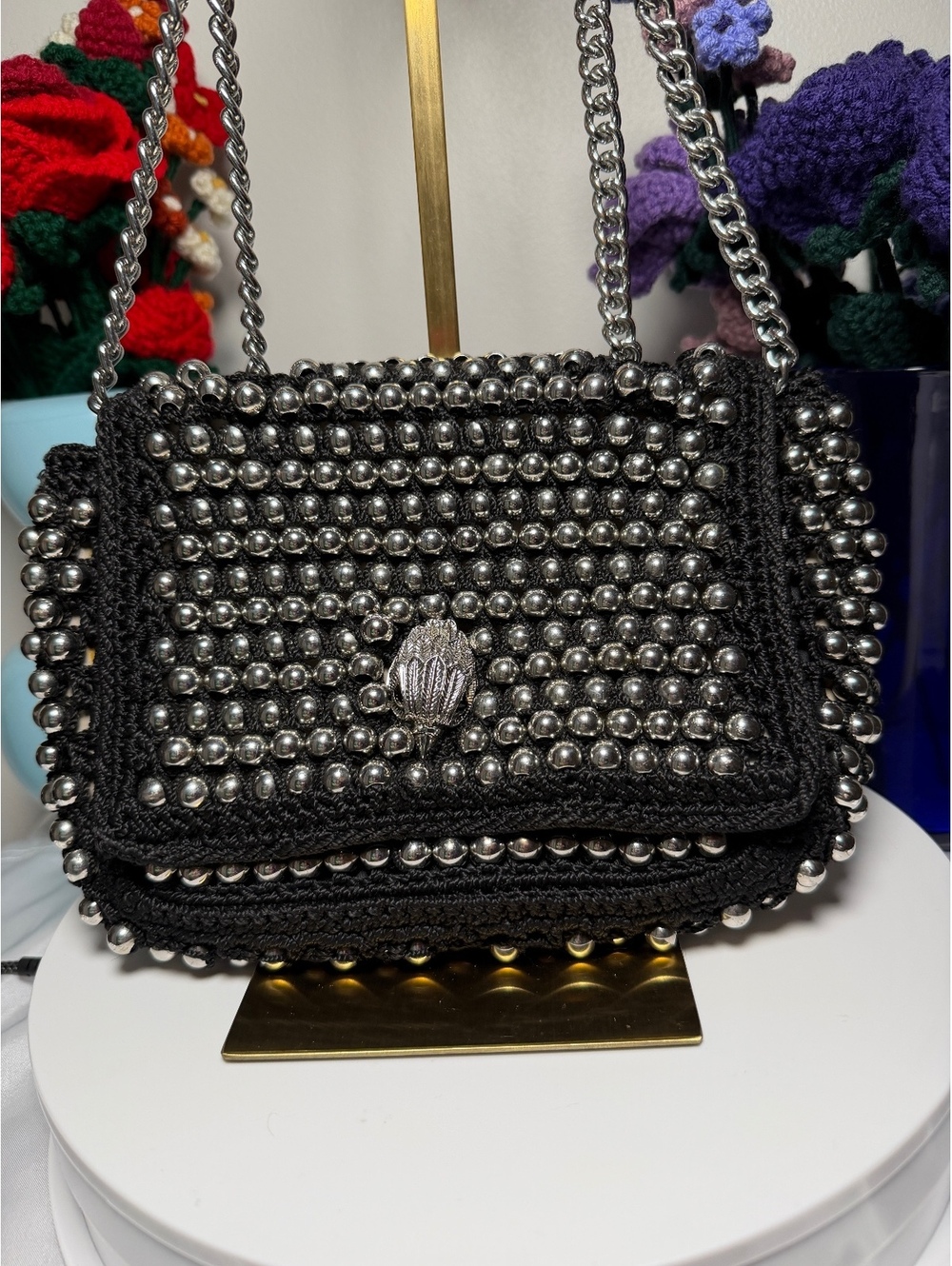 Kurt Geiger Black Crochet Bag with Silver Bead Embellishments EUC - Picture 3 of 10